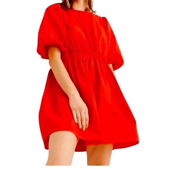 Madewell Poplin Cotton Crewneck Bubble Short Sleeve Mini A-line Dress Sz 6 Red - Picture 4 of 16